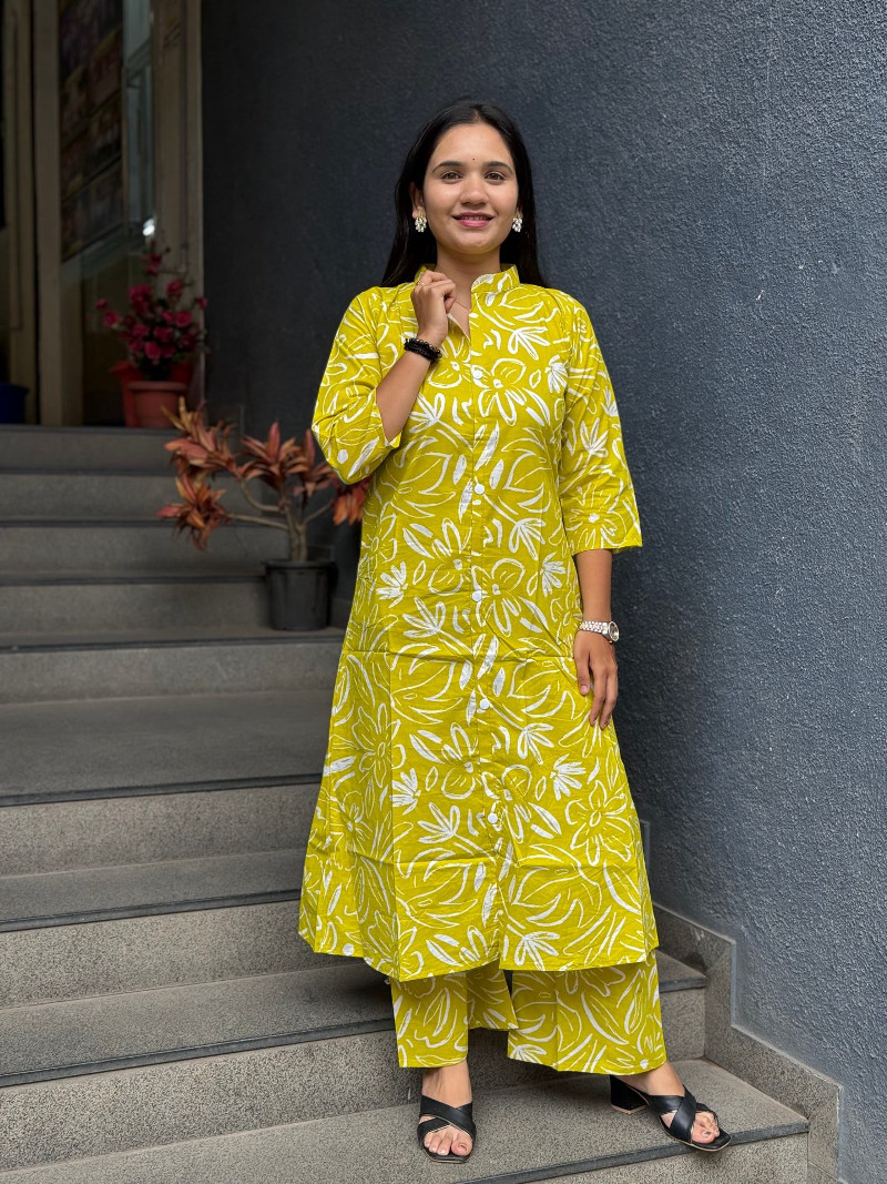 BRIGHT YELLOW FLORAL COTTON DROP OFFER KURTA