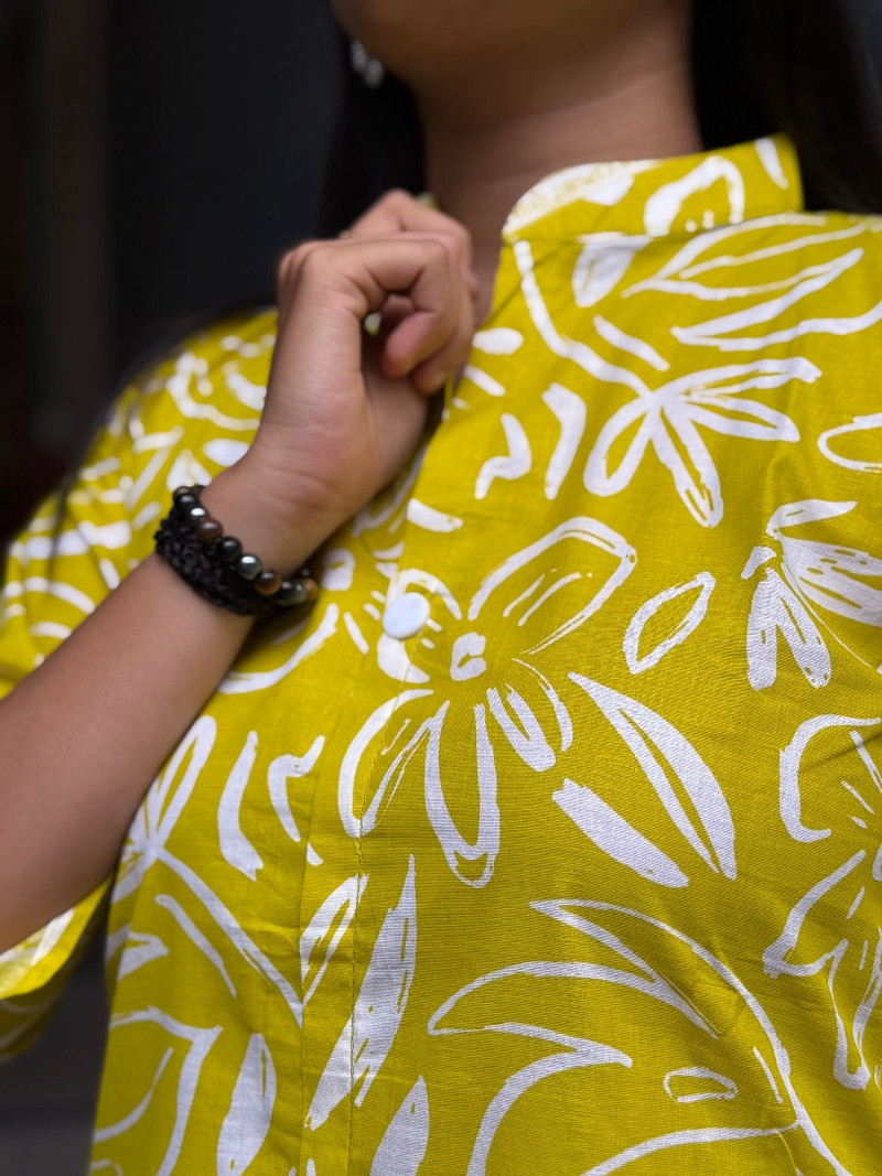 BRIGHT YELLOW FLORAL COTTON DROP OFFER KURTA