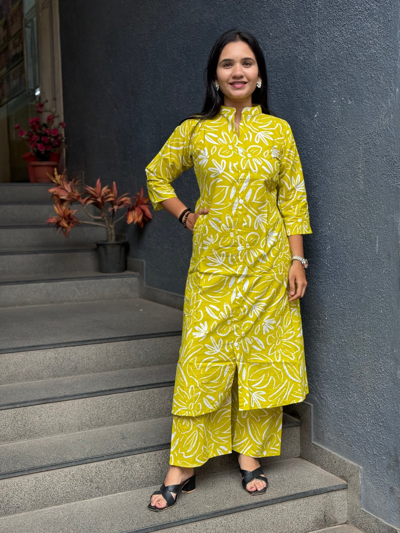 BRIGHT YELLOW FLORAL COTTON DROP OFFER KURTA