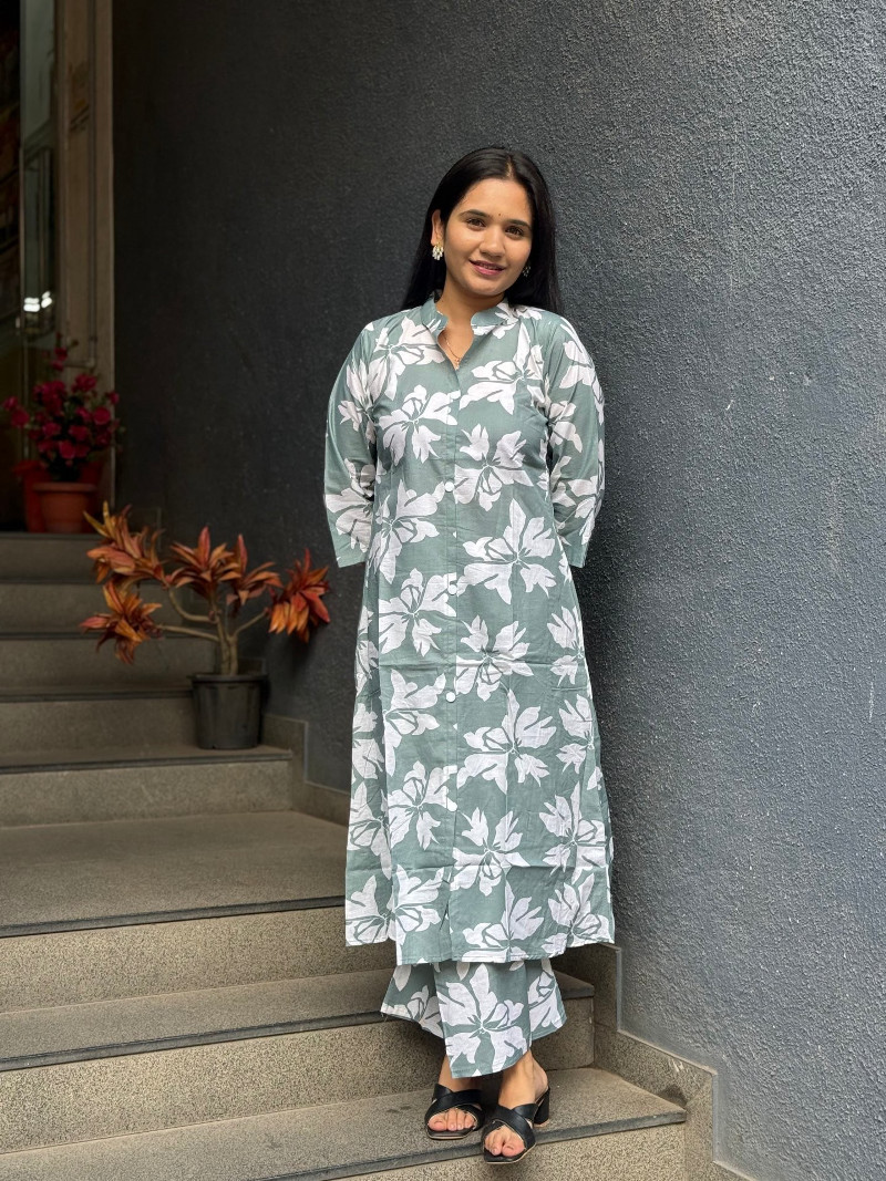 CHIC GREEN FLORAL COTTON DROP OFFER KURTA