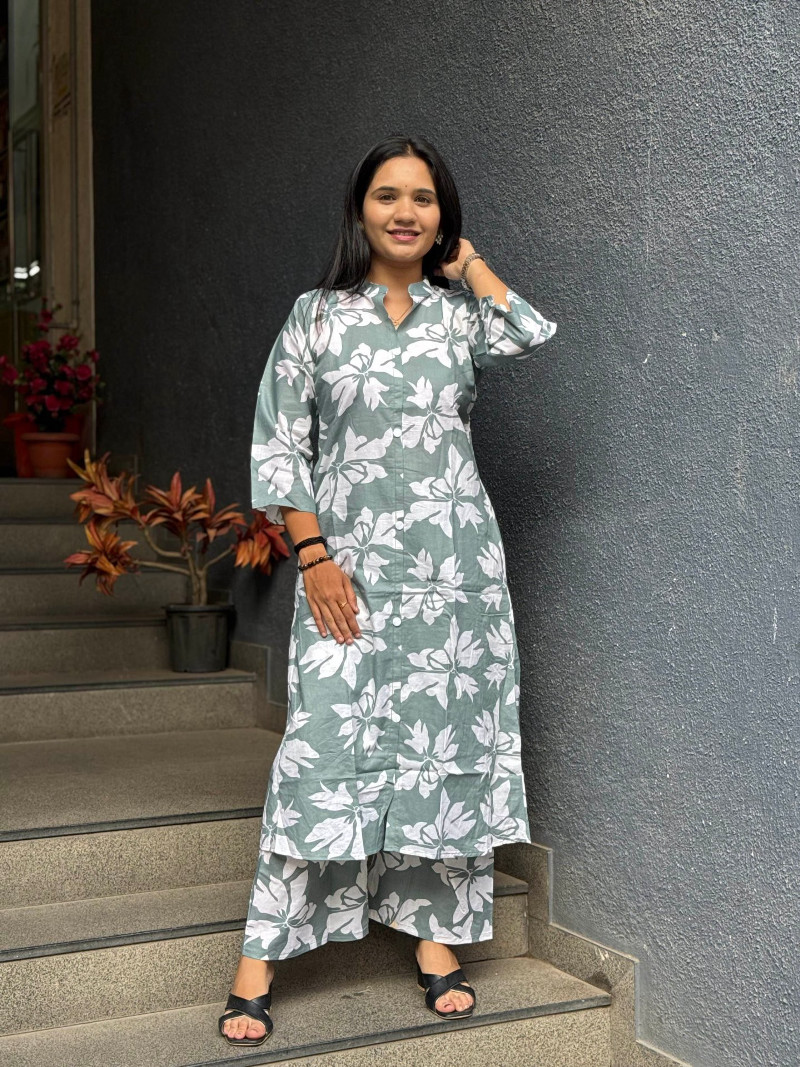 CHIC GREEN FLORAL COTTON DROP OFFER KURTA
