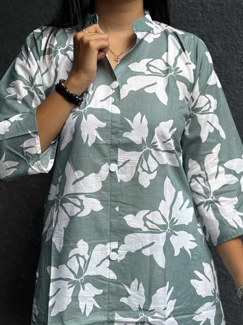 CHIC GREEN FLORAL COTTON DROP OFFER KURTA