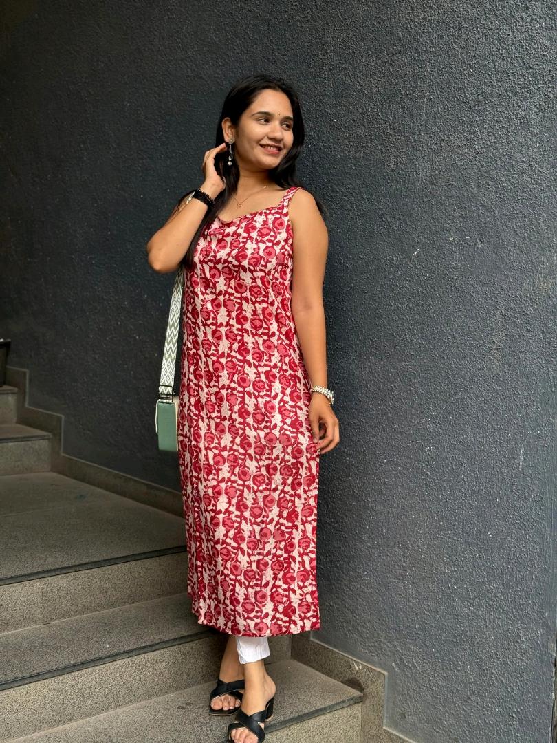FLORAL PRINT RED KURTI WITH SIDE SLITS