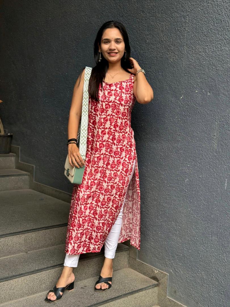FLORAL PRINT RED KURTI WITH SIDE SLITS