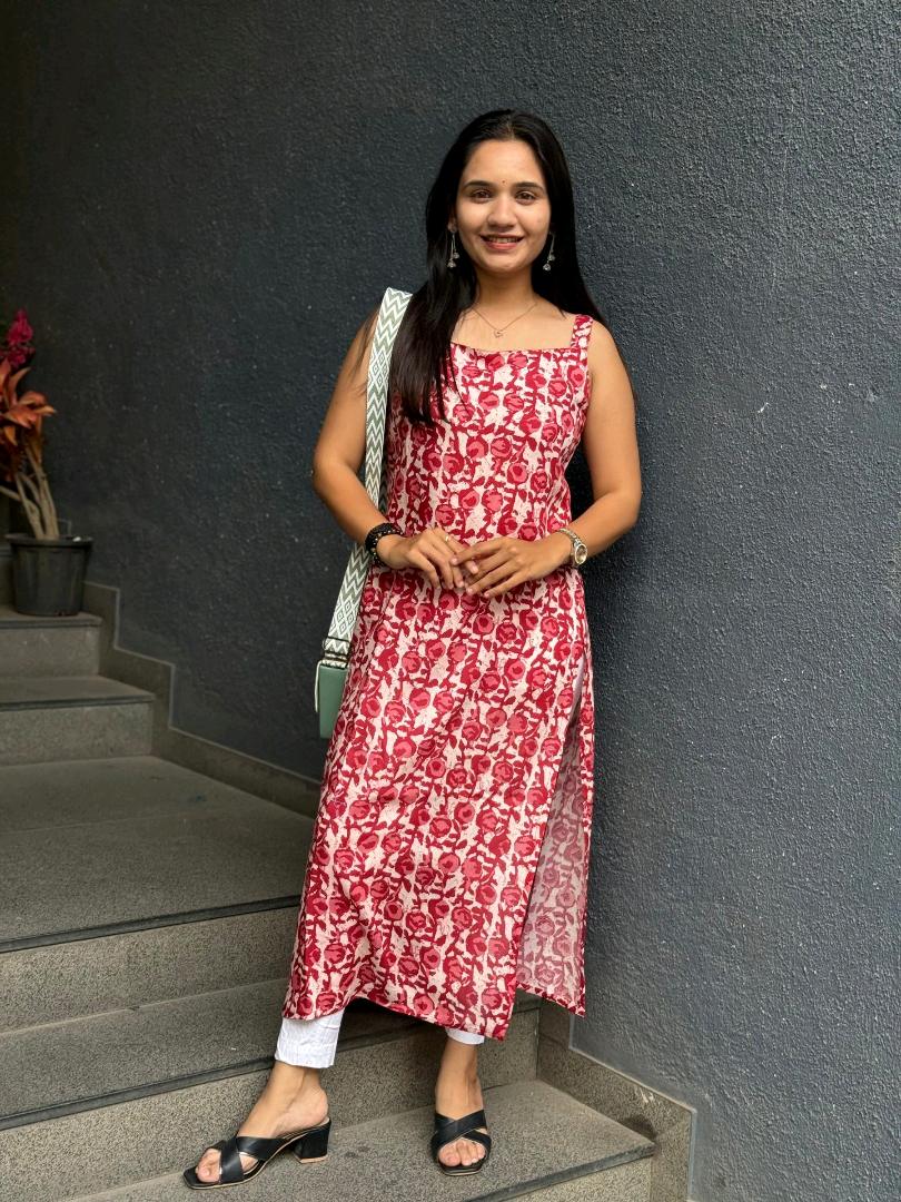 FLORAL PRINT RED KURTI WITH SIDE SLITS