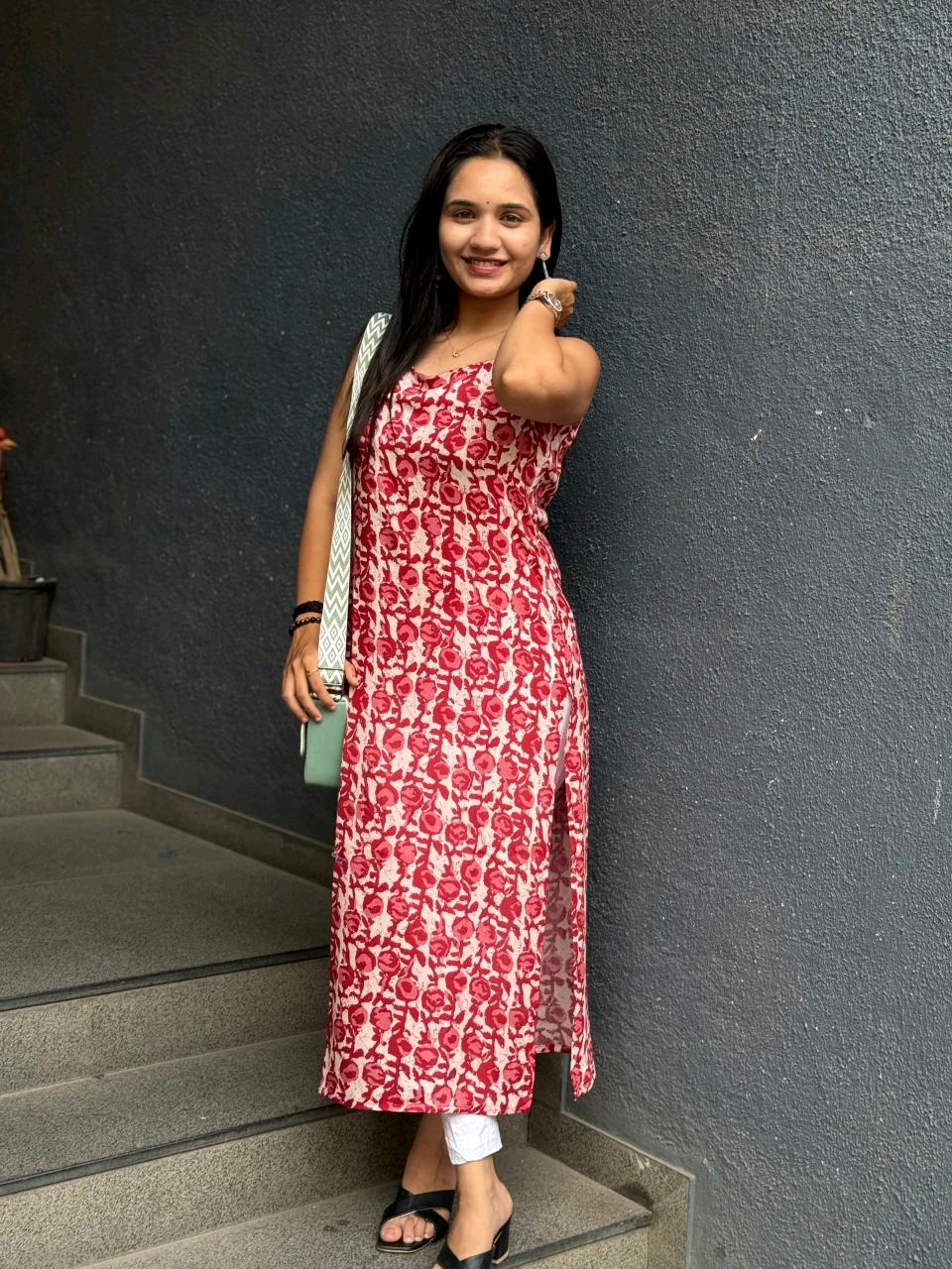 FLORAL PRINT RED KURTI WITH SIDE SLITS