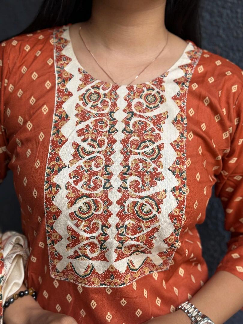 INTRICATE BUTI NECKLINE RAYON COTTON KURTA SET