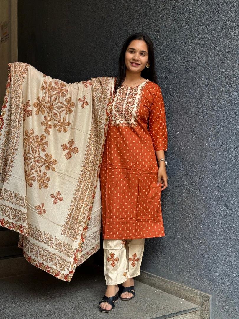 INTRICATE BUTI NECKLINE RAYON COTTON KURTA SET