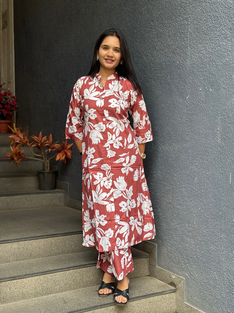 MAROON FLORAL COTTON KURTI WITH LAYERED HEM