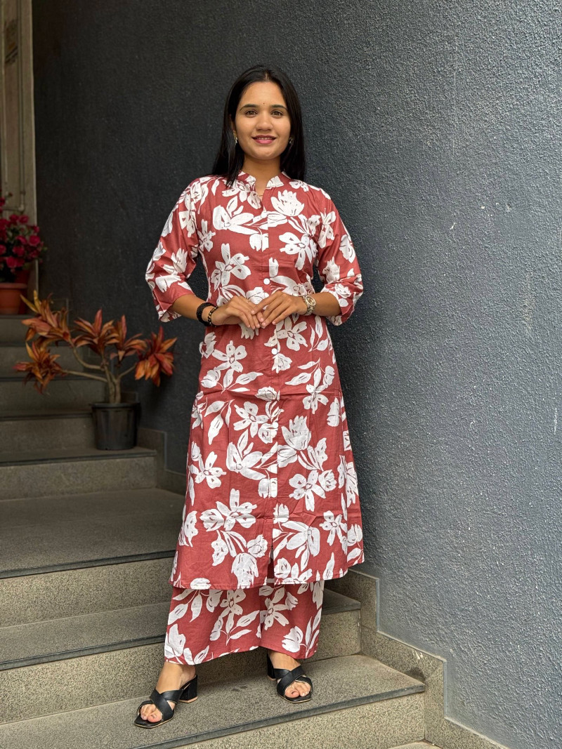 MAROON FLORAL COTTON KURTI WITH LAYERED HEM