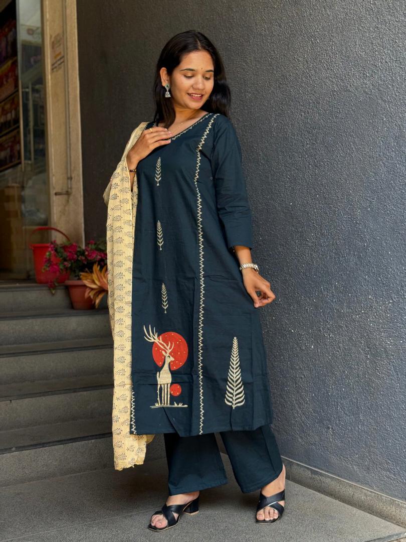 Midnight Dabu Deer Cotton Suit Set