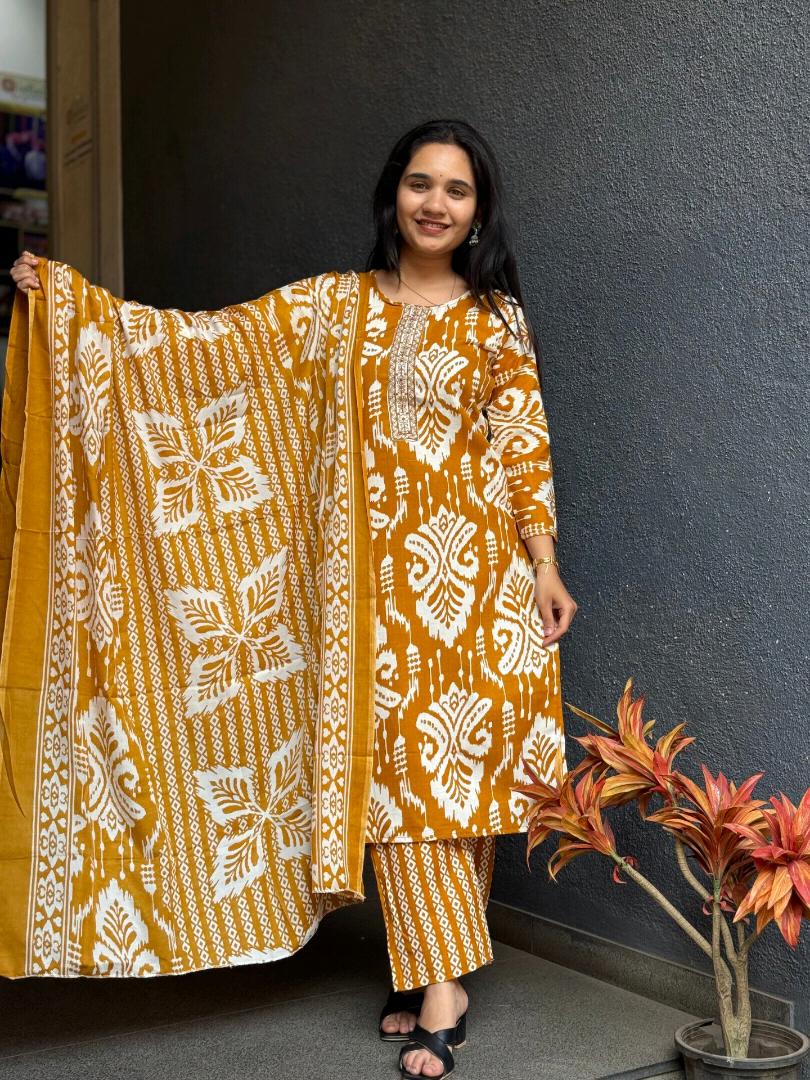 Mustard Ikat Cotton Suit Set
