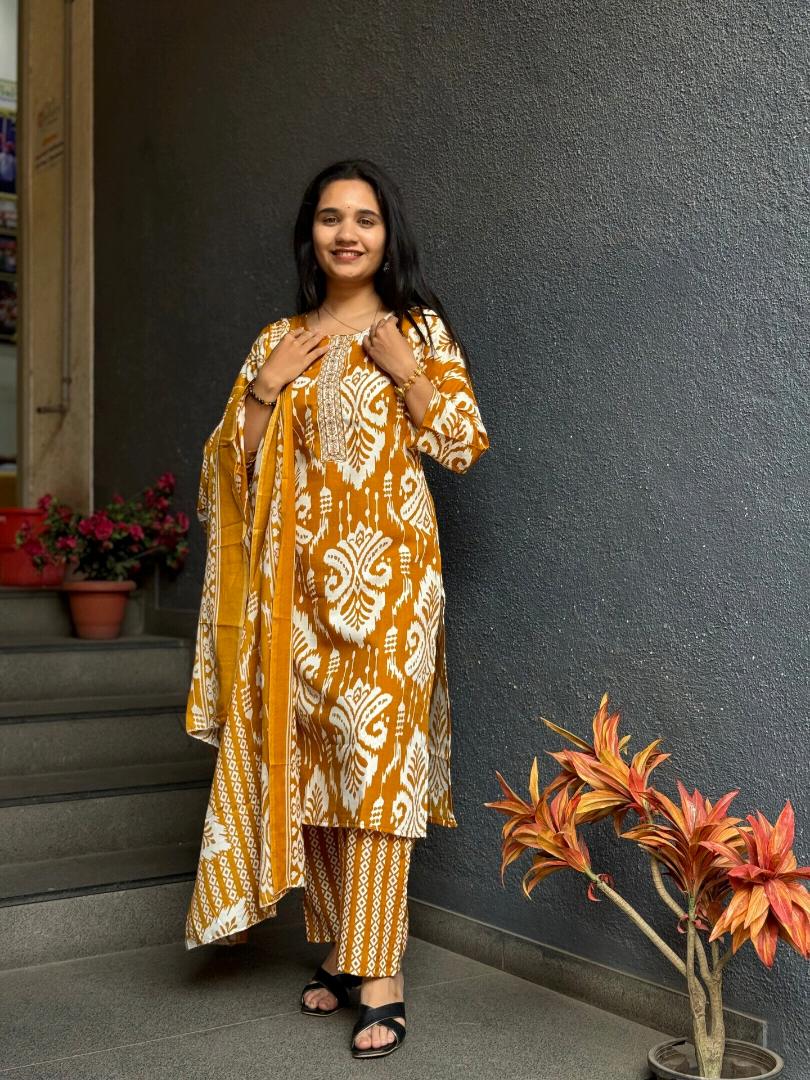 MUSTARD IKAT COTTON SUIT SET