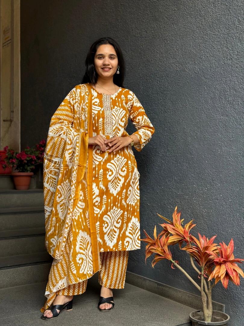 MUSTARD IKAT COTTON SUIT SET