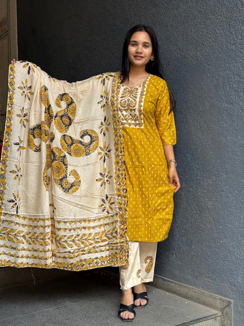 MUSTARD YELLOW RAYON COTTON SUIT SET WITH FLORAL DUPATTA