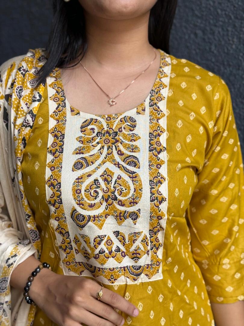 MUSTARD YELLOW RAYON COTTON SUIT SET WITH FLORAL DUPATTA