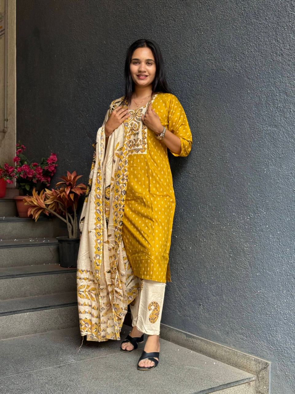 MUSTARD YELLOW RAYON COTTON SUIT SET WITH FLORAL DUPATTA