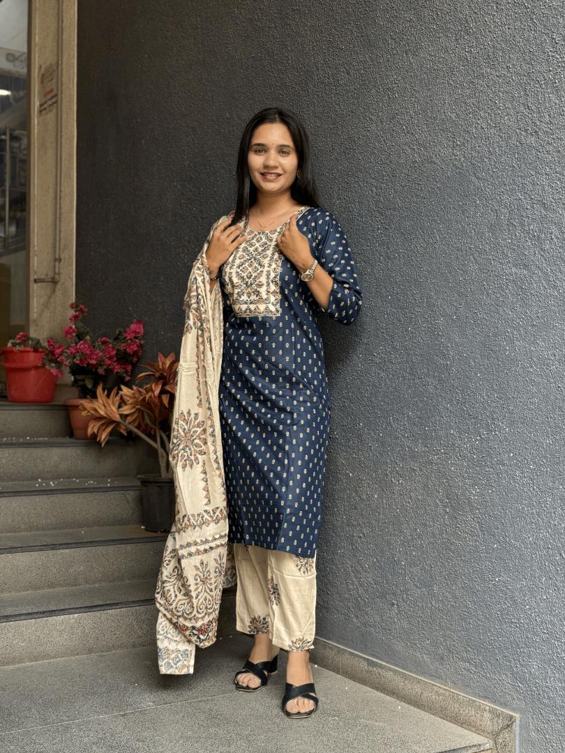 NAVY BLUE BUTI KURTA WITH CREAM FLORAL DUPATTA