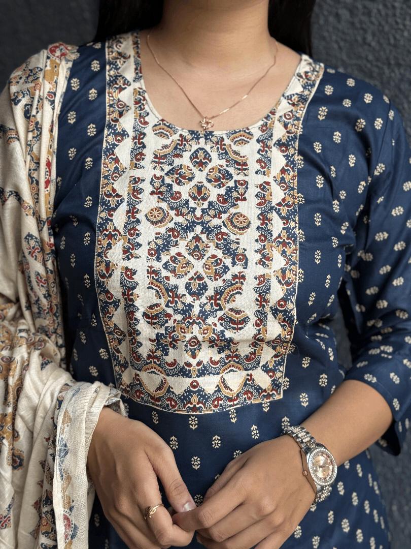 NAVY BLUE BUTI KURTA WITH CREAM FLORAL DUPATTA