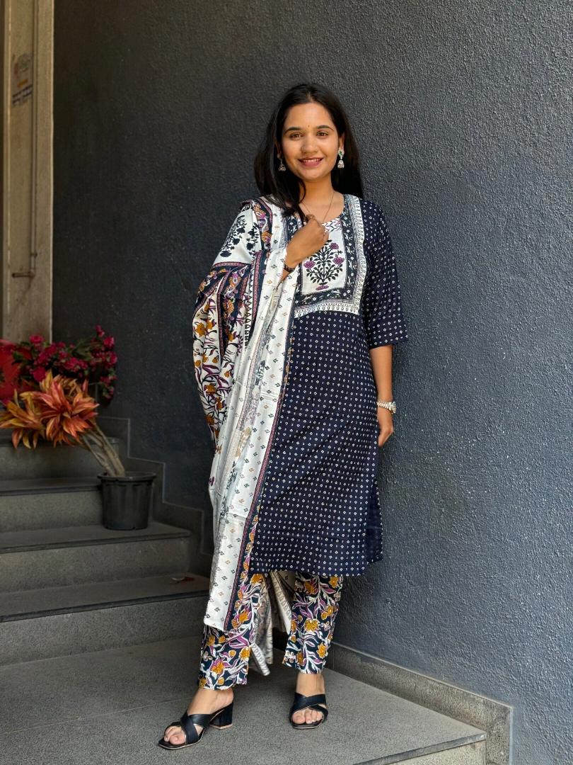 NAVY POLKA DOT RAYON COTTON SUIT SET WITH FLORAL DUPATTA