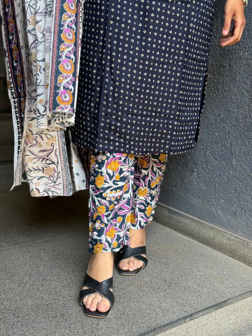 NAVY POLKA DOT RAYON COTTON SUIT SET WITH FLORAL DUPATTA