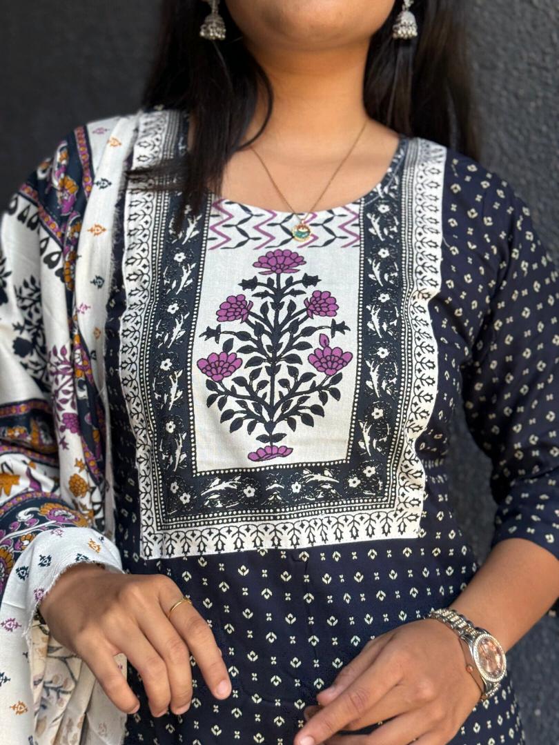 NAVY POLKA DOT RAYON COTTON SUIT SET WITH FLORAL DUPATTA