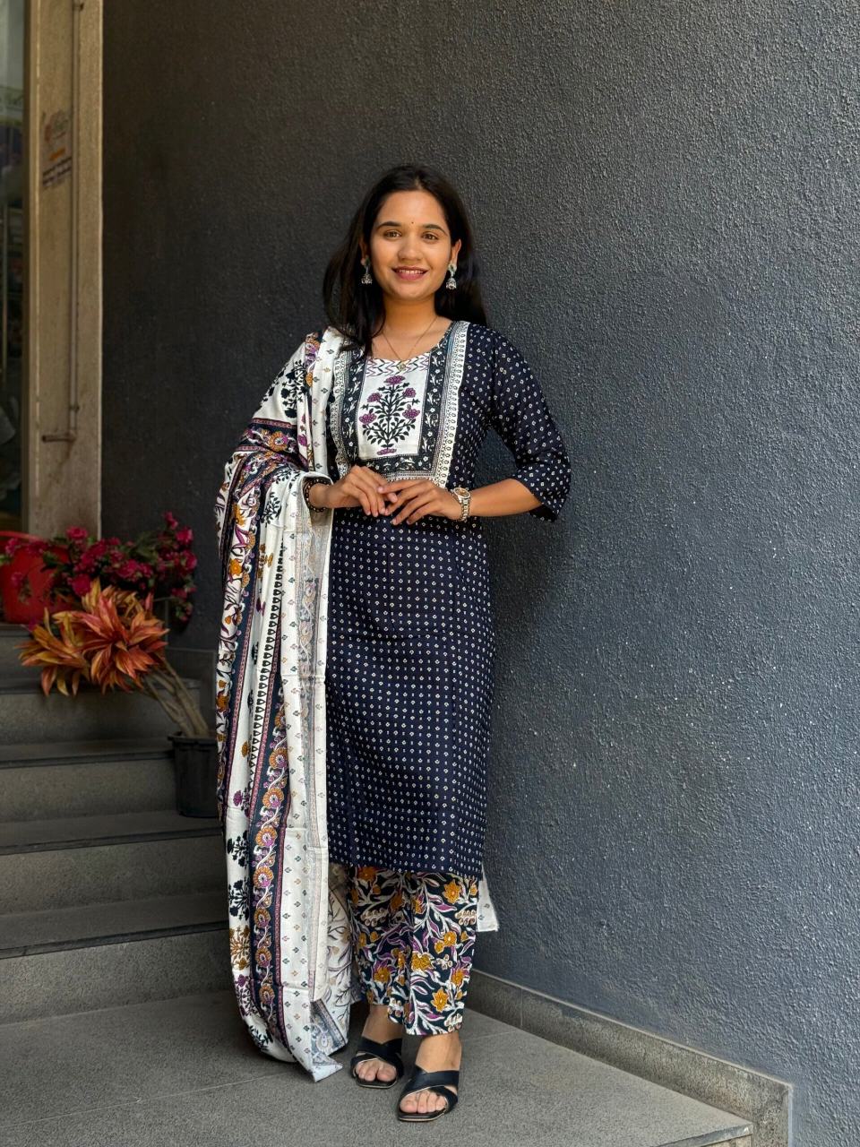 NAVY POLKA DOT RAYON COTTON SUIT SET WITH FLORAL DUPATTA
