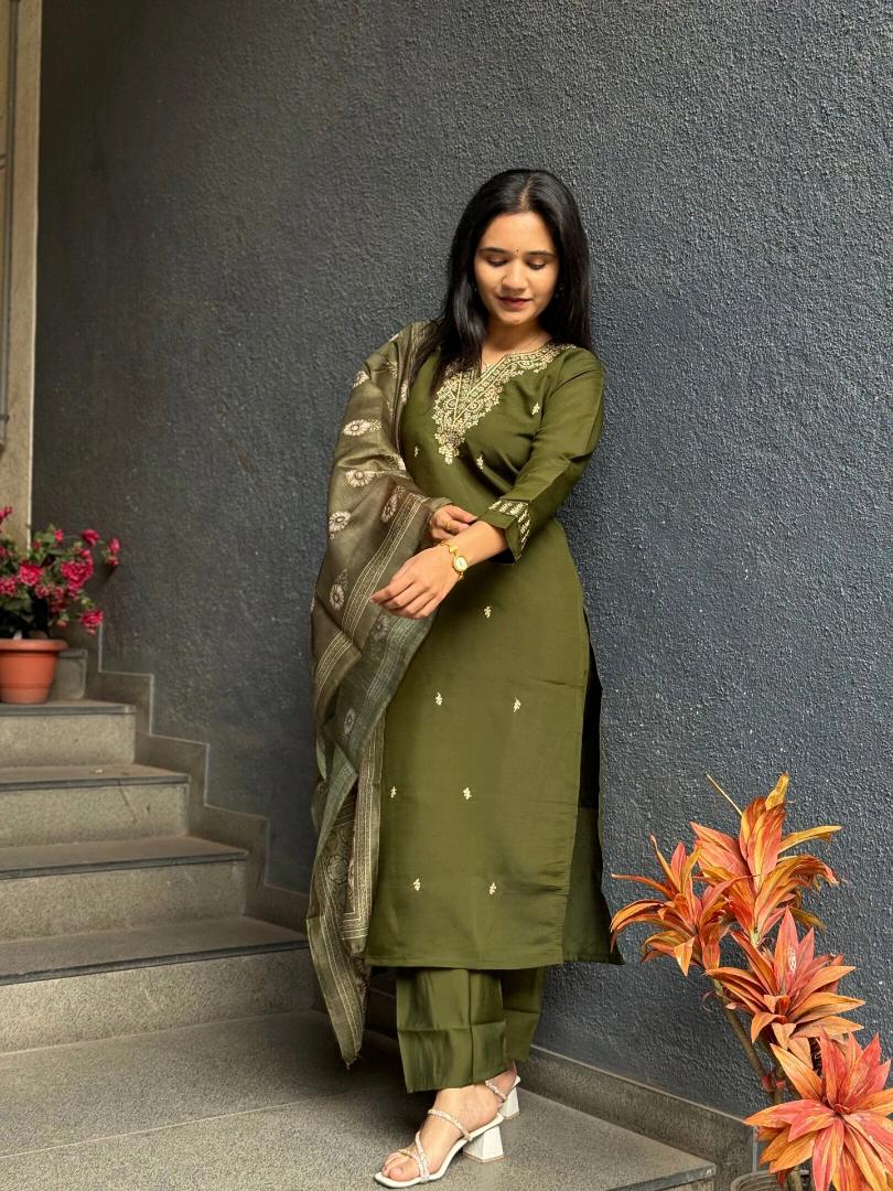 OLIVE GREEN EMBROIDERED KURTA SET
