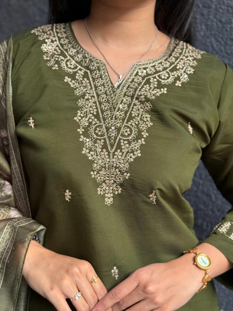 OLIVE GREEN EMBROIDERED KURTA SET