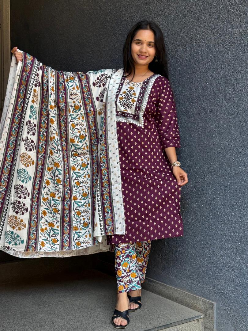 VIBRANT MAROON POLKA DOT RAYON COTTON SUIT SET WITH FLORAL DUPATTA