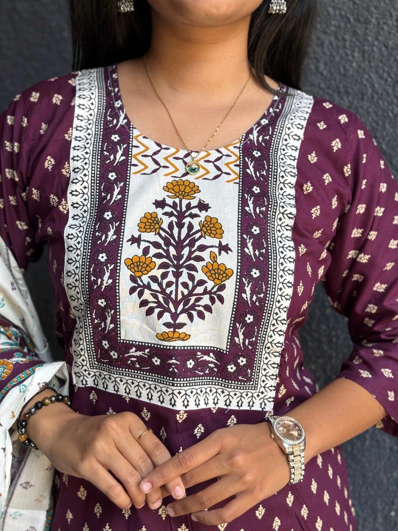 VIBRANT MAROON POLKA DOT RAYON COTTON SUIT SET WITH FLORAL DUPATTA