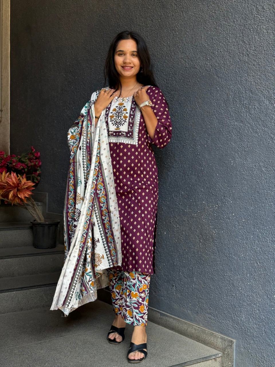 VIBRANT MAROON POLKA DOT RAYON COTTON SUIT SET WITH FLORAL DUPATTA
