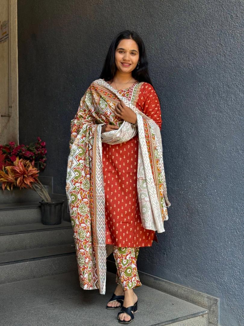 VIBRANT RED RAYON COTTON SUIT SET WITH FLORAL DUPATTA