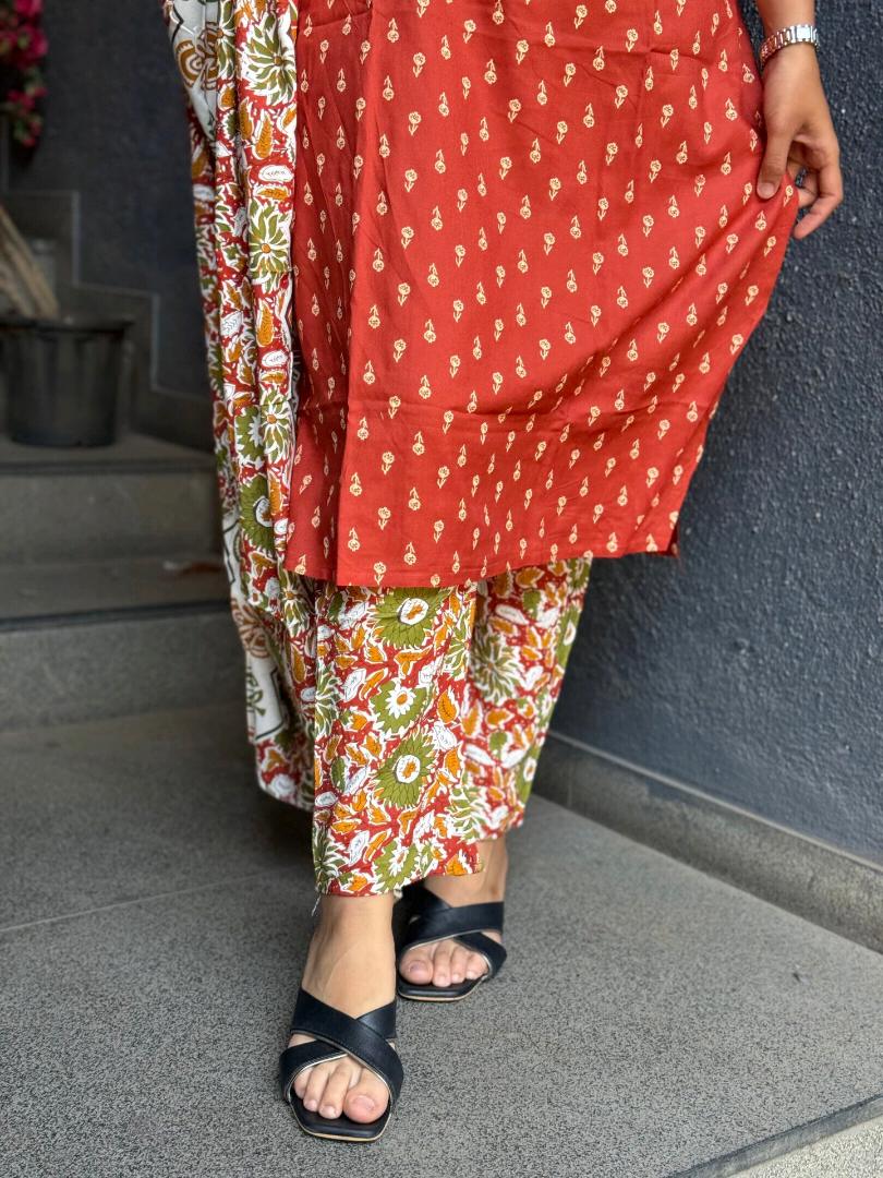 VIBRANT RED RAYON COTTON SUIT SET WITH FLORAL DUPATTA