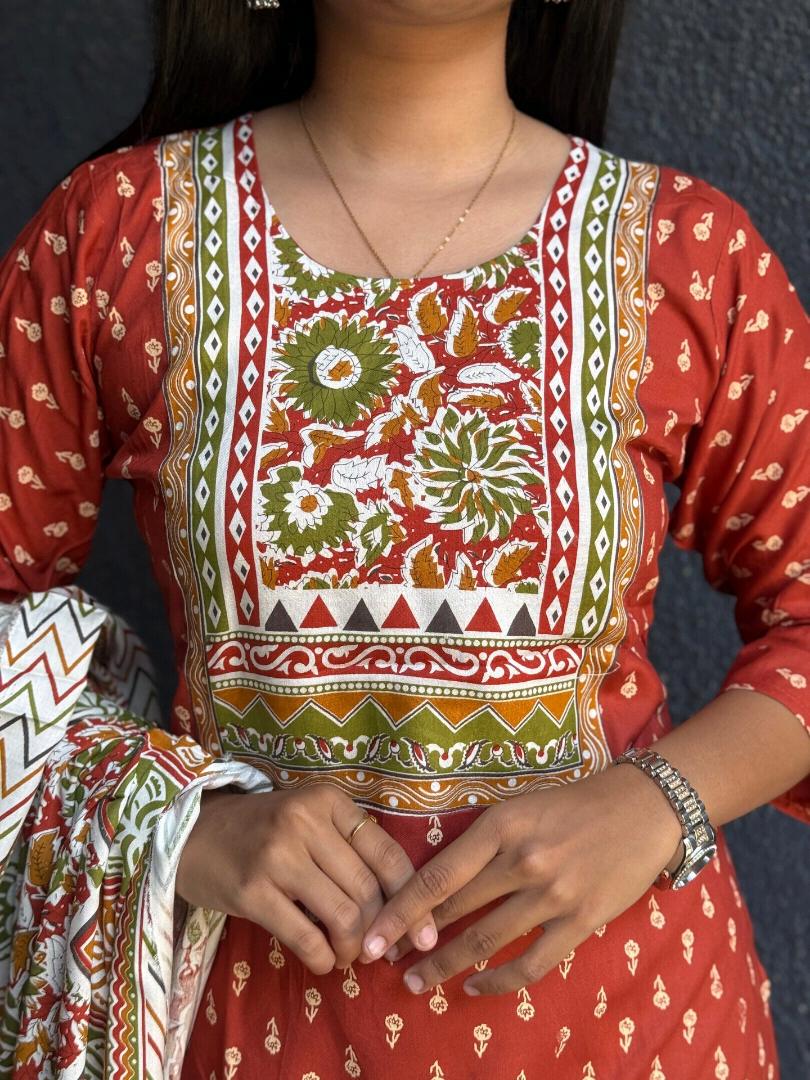 VIBRANT RED RAYON COTTON SUIT SET WITH FLORAL DUPATTA