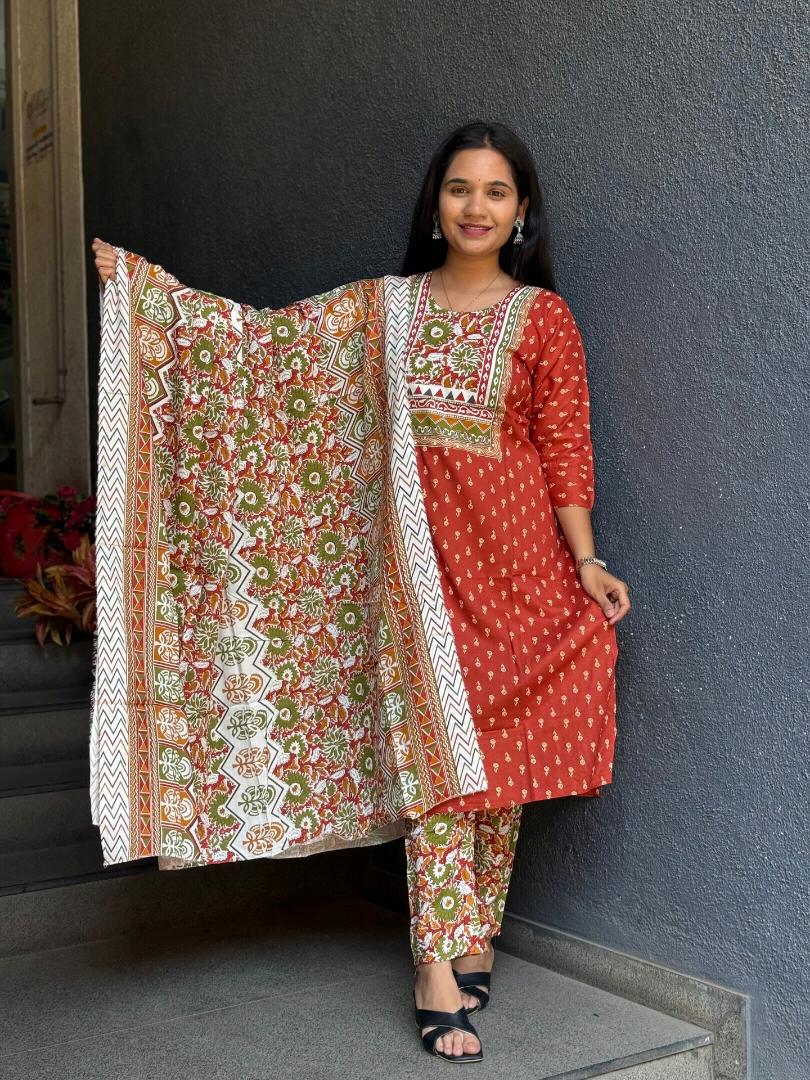VIBRANT RED RAYON COTTON SUIT SET WITH FLORAL DUPATTA