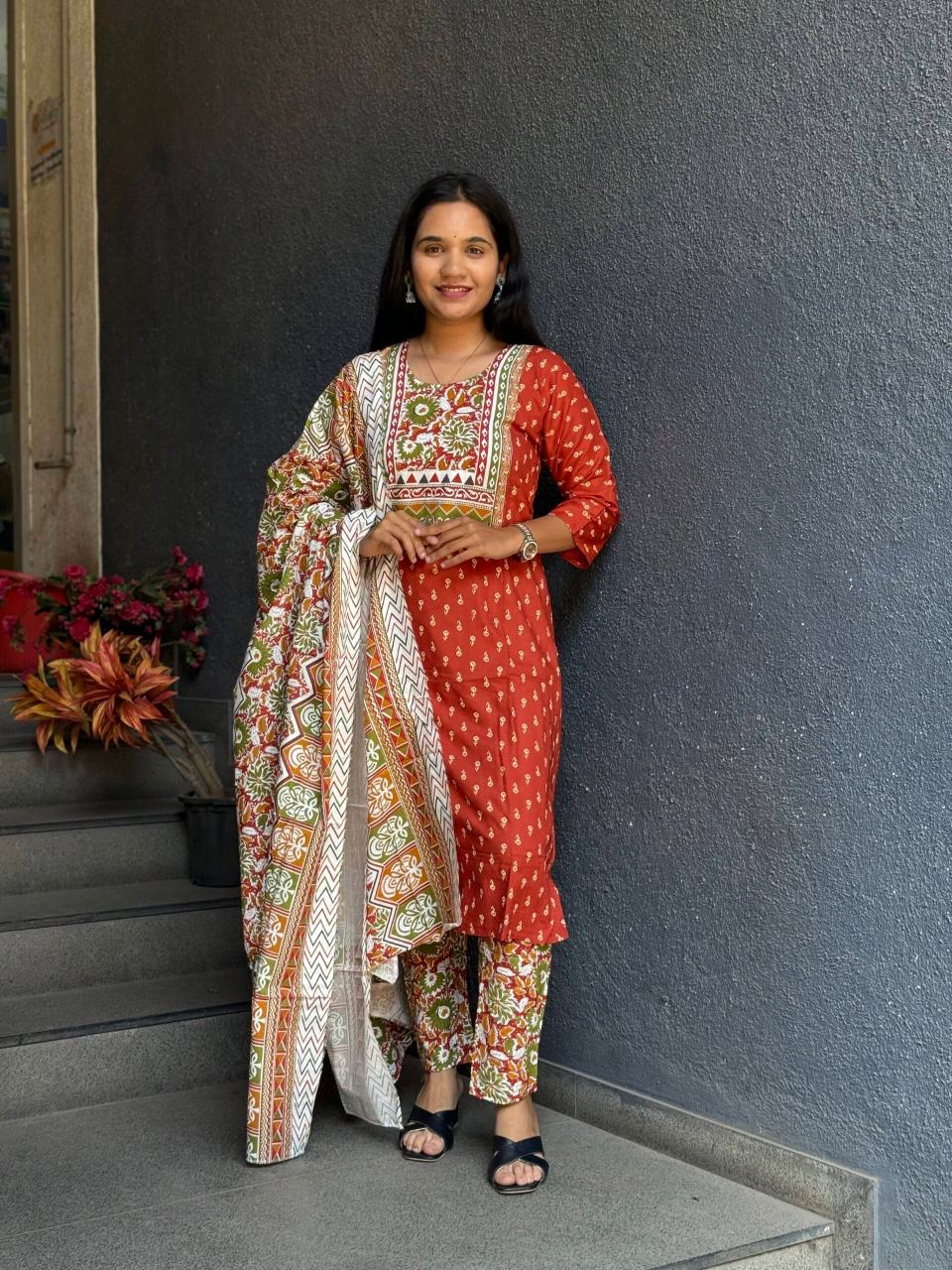 VIBRANT RED RAYON COTTON SUIT SET WITH FLORAL DUPATTA