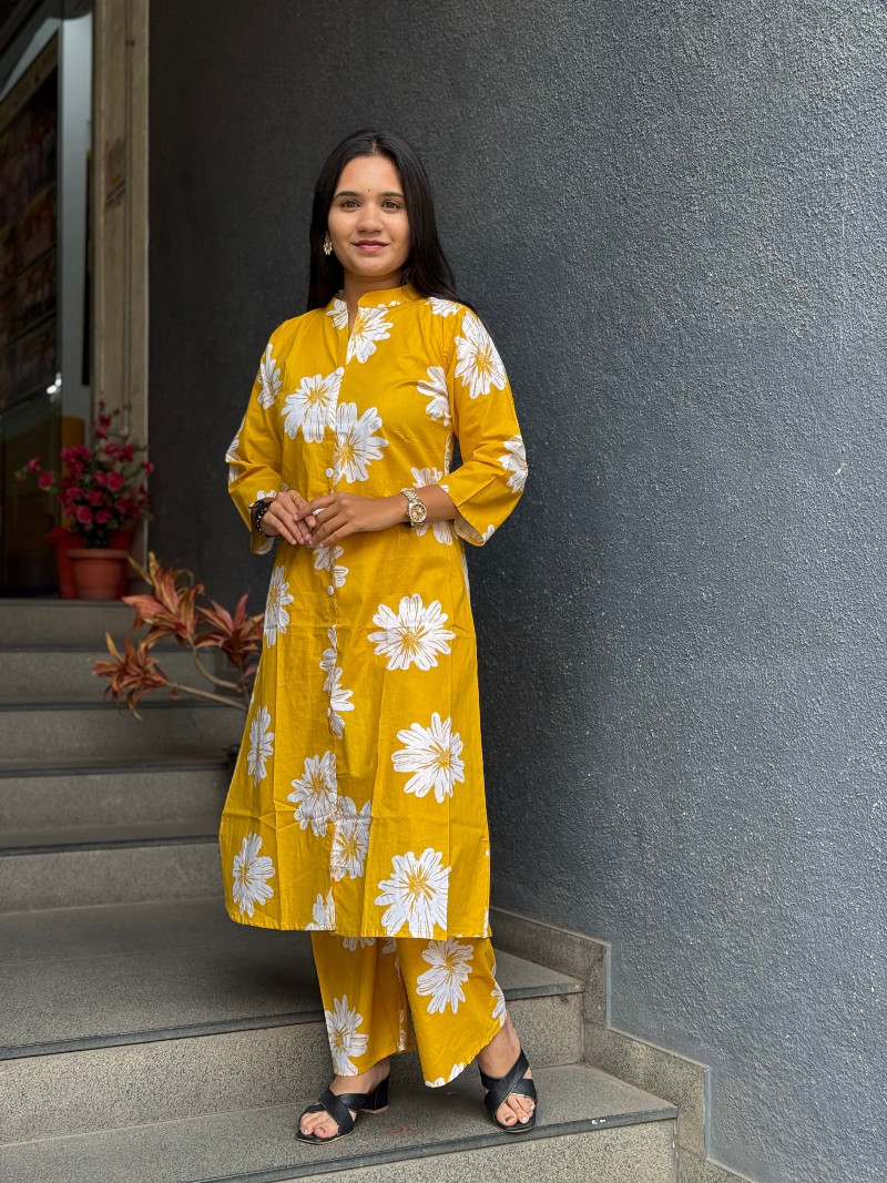 VIBRANT YELLOW FLORAL COTTON KURTA SET