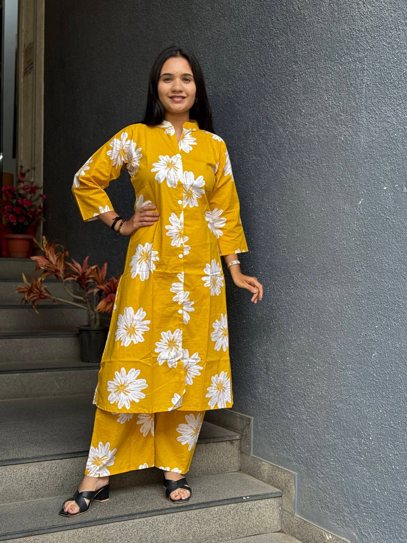VIBRANT YELLOW FLORAL COTTON KURTA SET