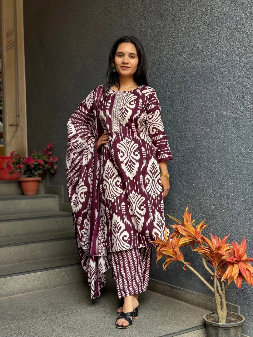 WINE IKAT COTTON SUIT SET